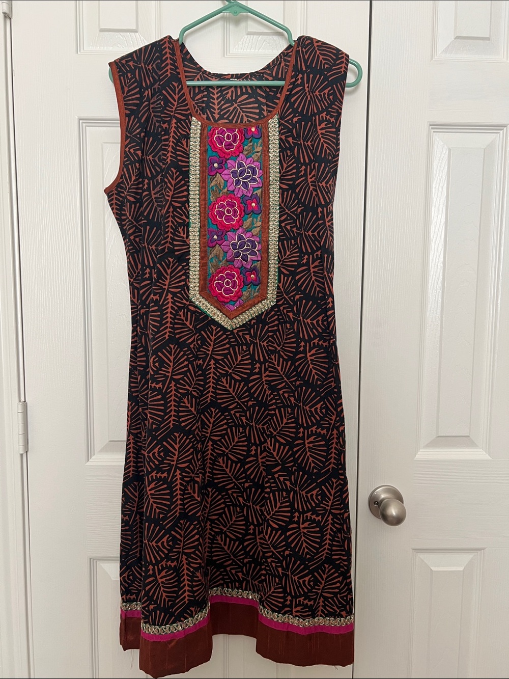 Indian Kurti Sleeveless Black & Rust Printed Dress with Embroidered Front Panel